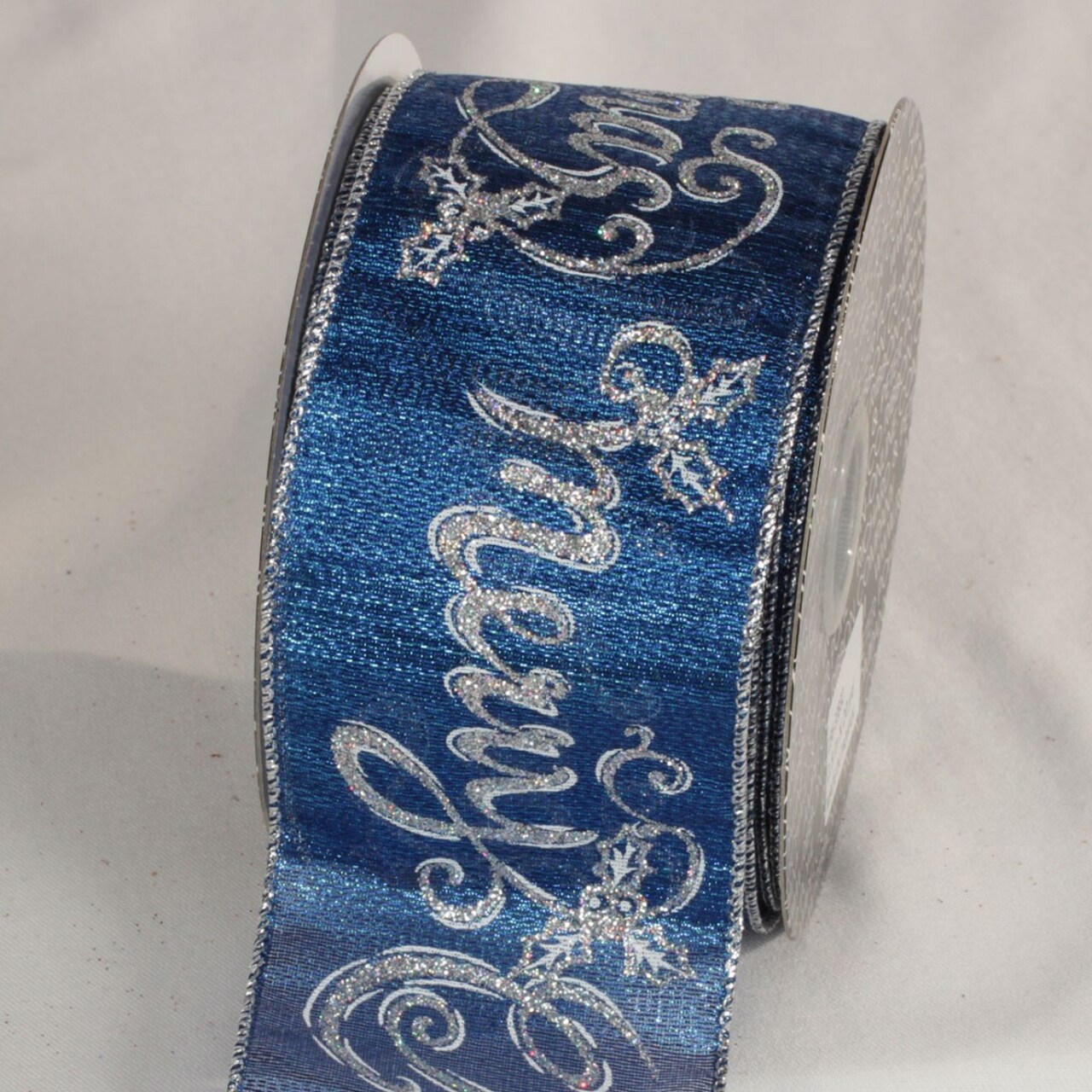 The Ribbon People Blue and Silver Merry Christmas Wired Craft Ribbon 2.5" x 20 Yards